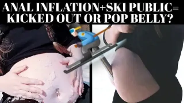 Anal belly inflation in a public ski resort. Pornstar skiing with inflated belly using secret balloon pump